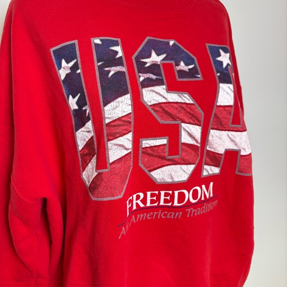 Vintage 90s Y2K USA Bright Red Patriotic Flag Sweatshirt America Freedom - Picture 14 of 14